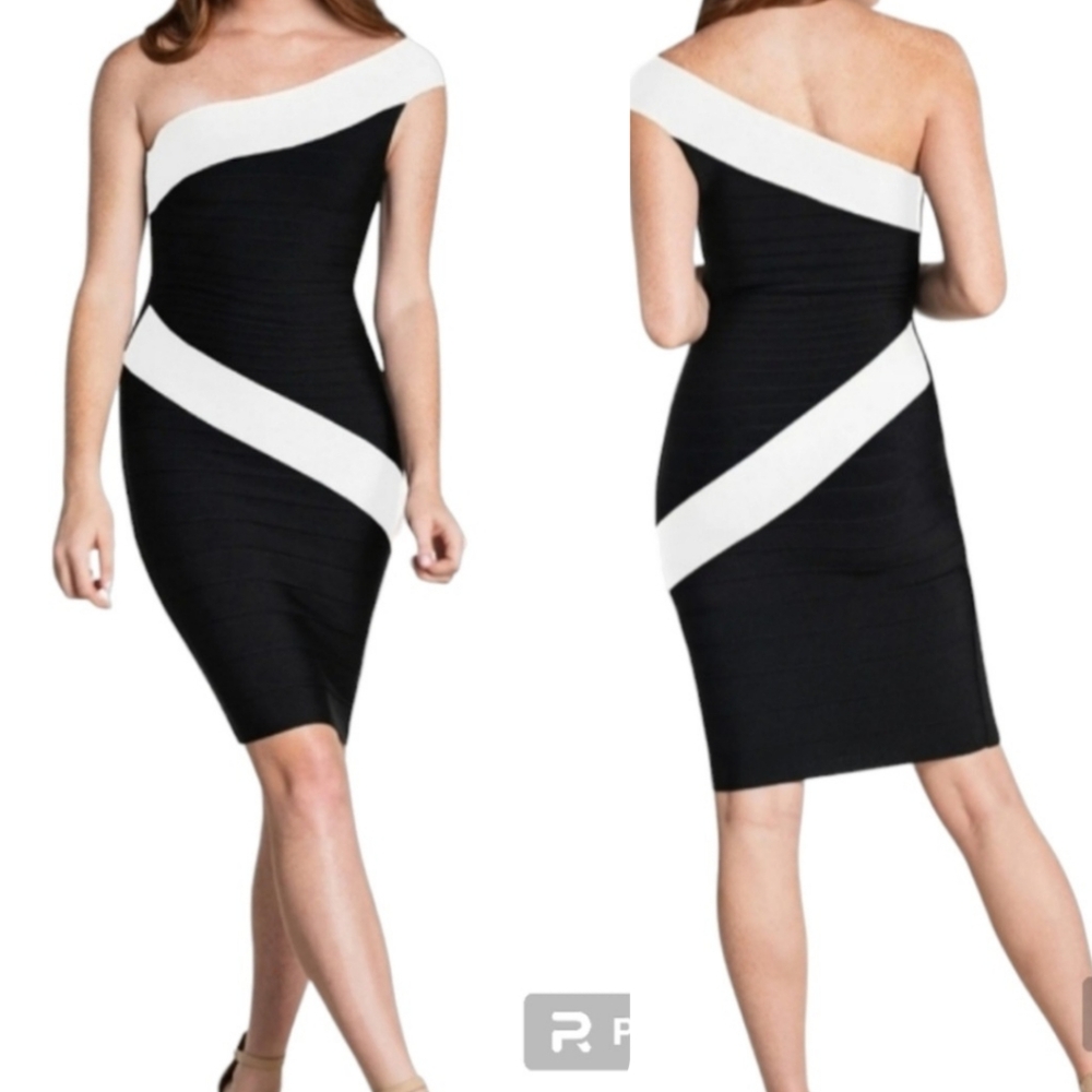 DRESS THE POPULATION Vera Size X-Small Black White One Shoulder Bodycon Dress